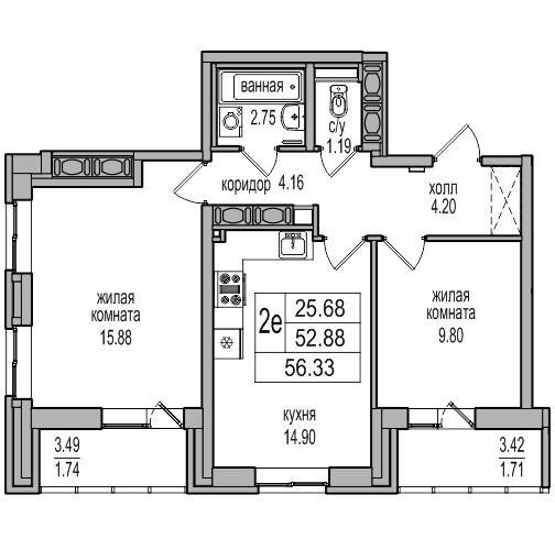 3-к. евро 56.33 м²