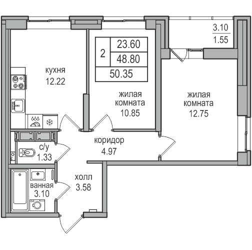 2-комнатная 49.9 м²