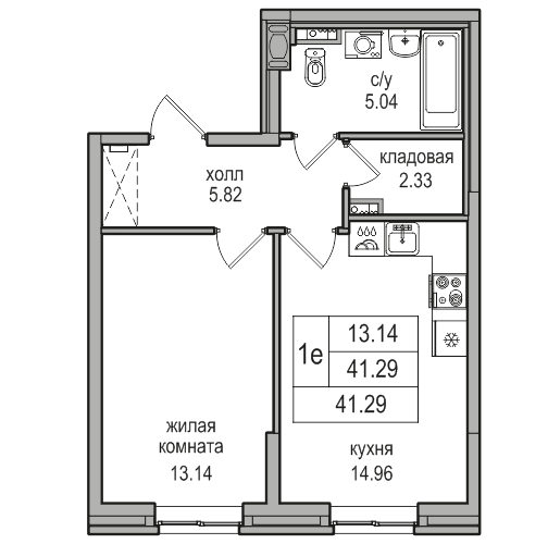 2-к. евро 41.29 м²