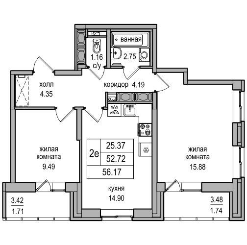 3-к. евро 55.3 м²