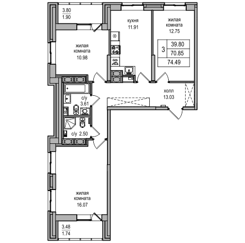 3-комнатная 74.49 м²