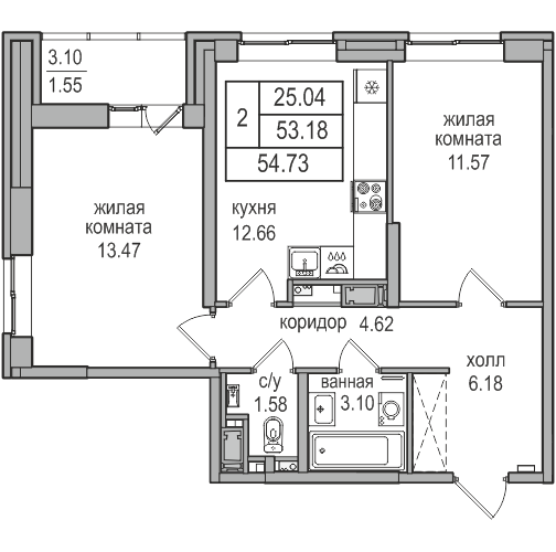 2-комнатная 54.2 м²