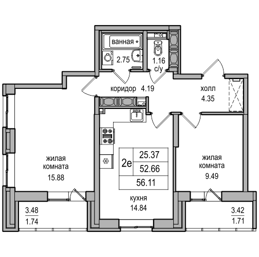 3-к. евро 56.11 м²