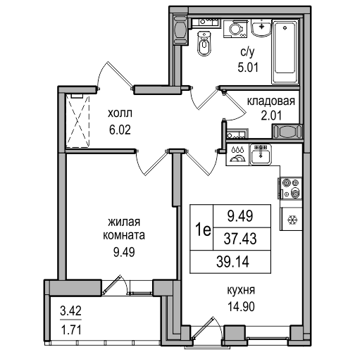 2-к. евро 38.8 м²