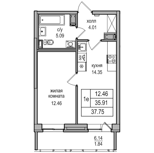 2-к. евро 37.75 м²