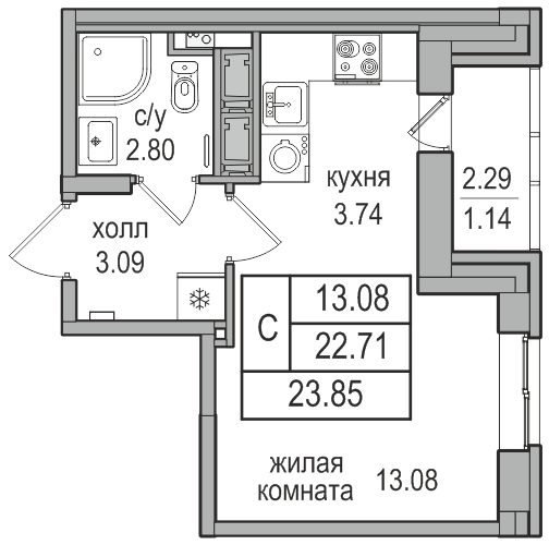 Студия 23.8 м²