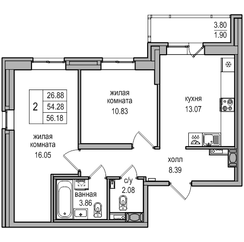 2-комнатная 58.1 м²