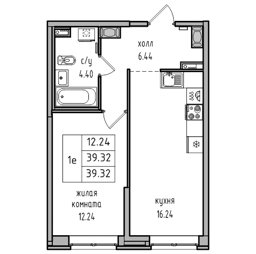 2-к. евро 38.9 м²