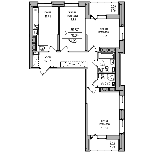 3-комнатная 74.28 м²