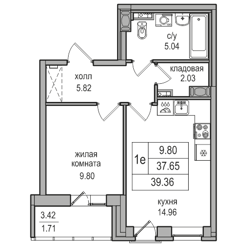 2-к. евро 39.4 м²