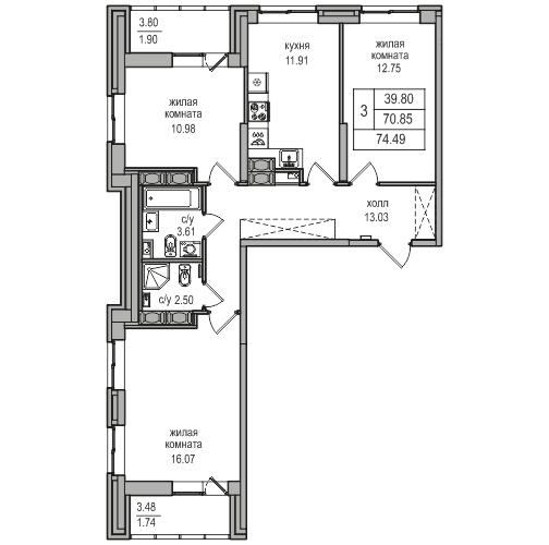 3-комнатная 74 м²