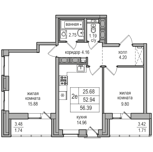 3-к. евро 56.39 м²