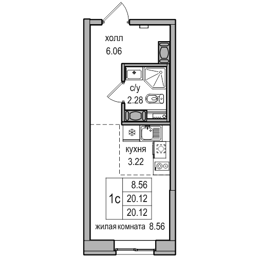 Студия 20.2 м²