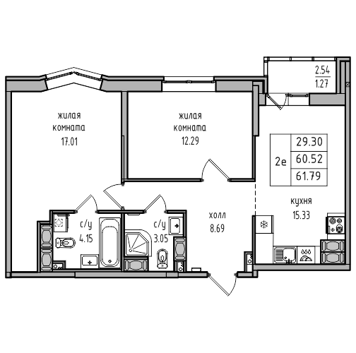 3-к. евро 61.79 м²