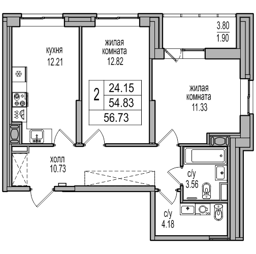 2-комнатная 56.73 м²