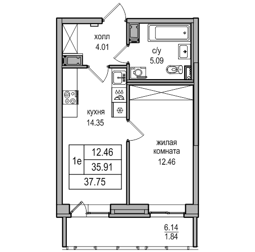 2-к. евро 37.75 м²