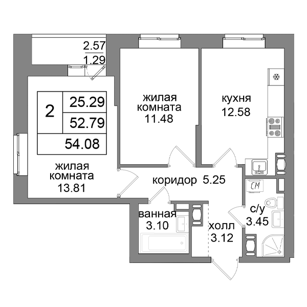 2-комнатная 54.08 м²