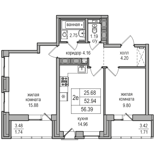 3-к. евро 56.39 м²