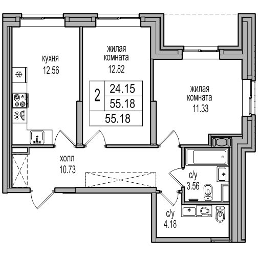 2-комнатная 54.5 м²