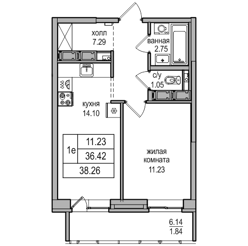 1-комнатная 38.26 м²