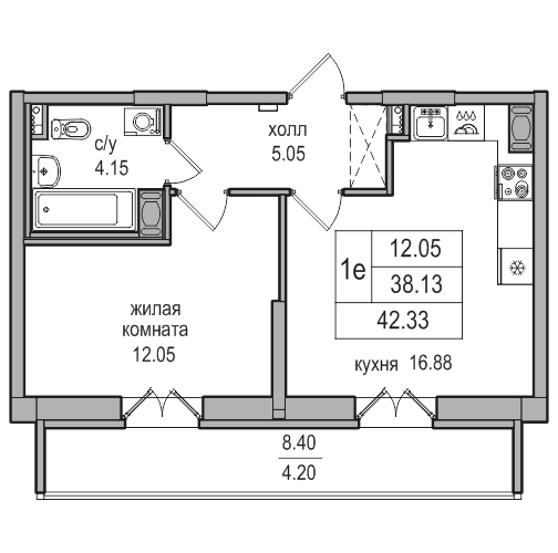 2-к. евро 42.33 м²