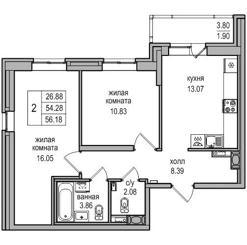 2-комнатная 56 м²