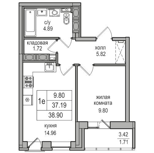 2-к. евро 38.4 м²