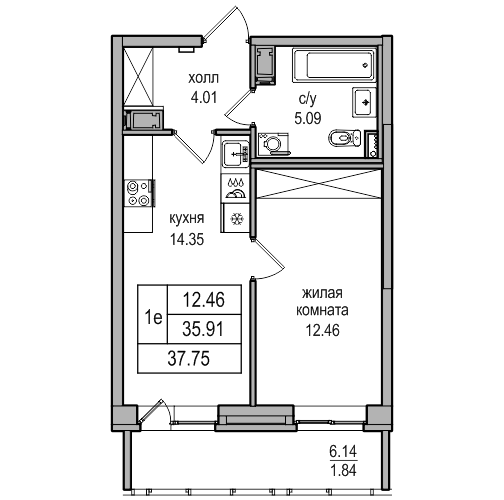 2-к. евро 37.75 м²