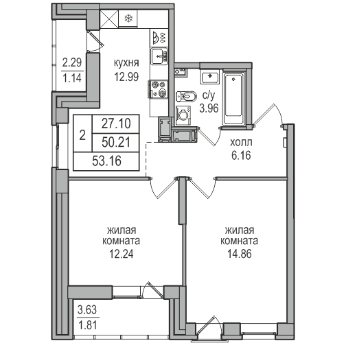 2-комнатная 52.7 м²