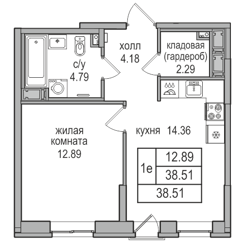 2-к. евро 38.51 м²