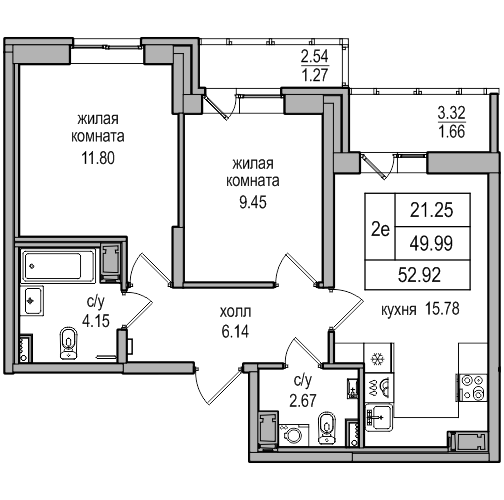 3-к. евро 52.92 м²