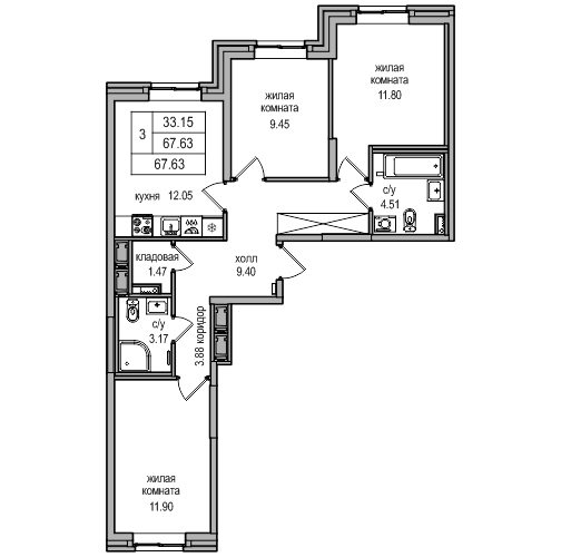 3-комнатная 67.63 м²