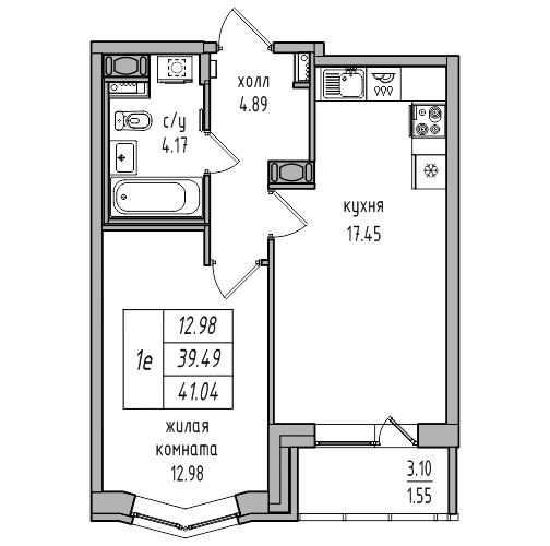 2-к. евро 41.04 м²