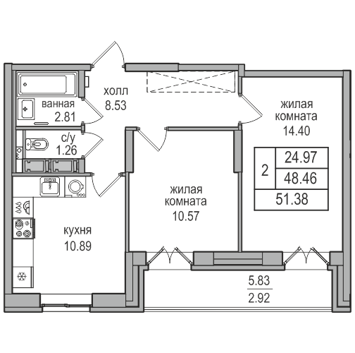 2-комнатная 51 м²