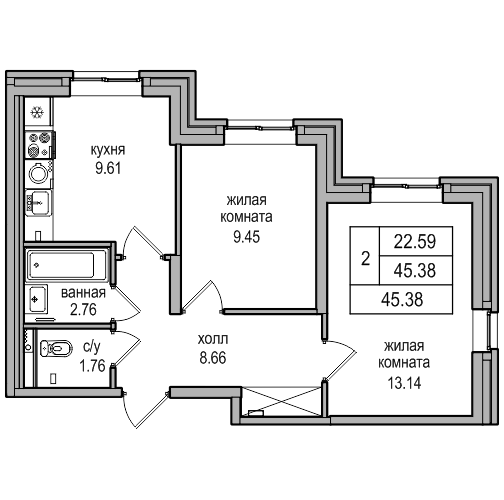 2-комнатная 46.1 м²