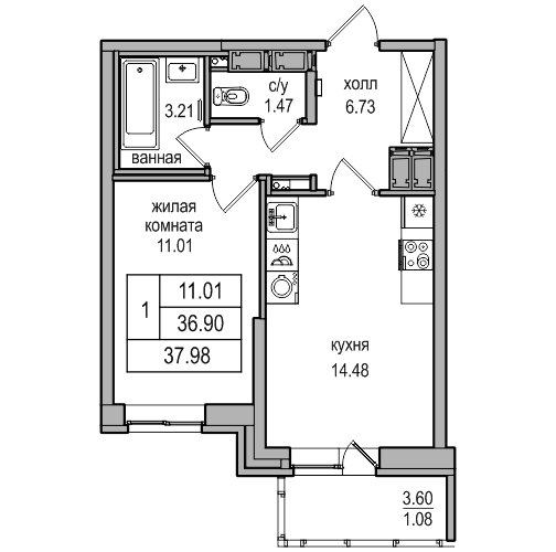 2-к. евро 37.98 м²