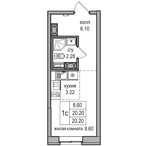 Студия 20.2 м²