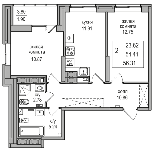 2-комнатная 55.7 м²