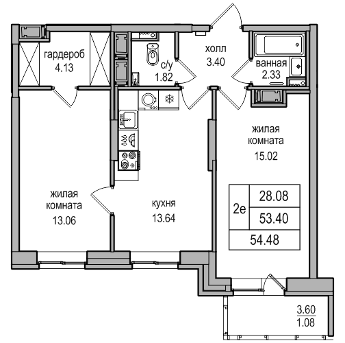 2-комнатная 53.7 м²