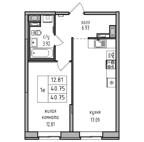 2-к. евро 40.75 м²