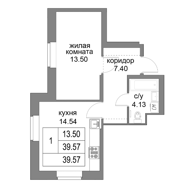 2-к. евро 39.7 м²