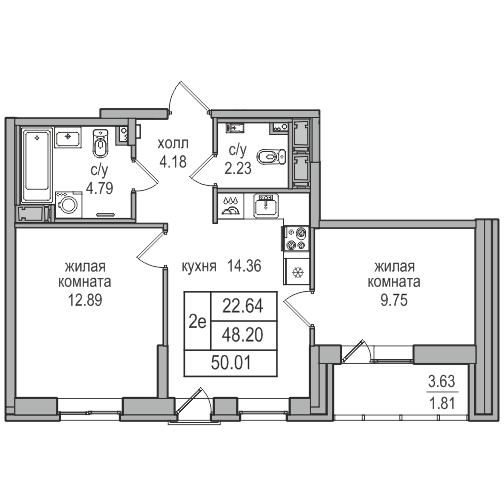 3-к. евро 50.01 м²