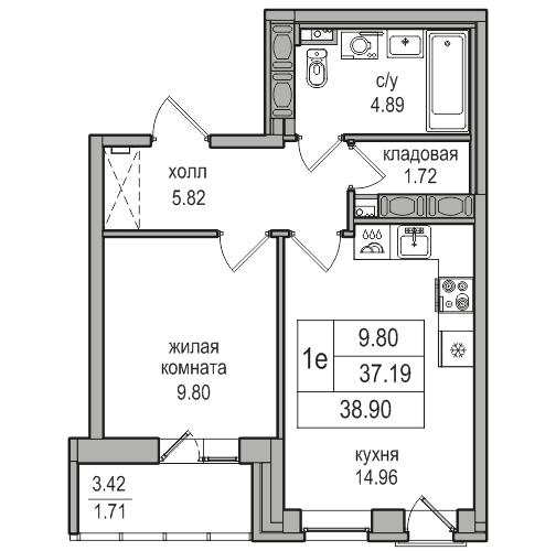 2-к. евро 38.9 м²