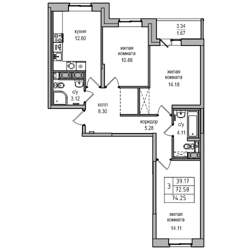 3-комнатная 74 м²