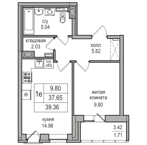 2-к. евро 39.36 м²