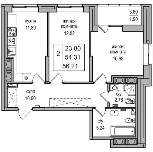 2-комнатная 56 м²