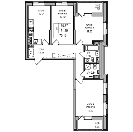 3-комнатная 75.13 м²