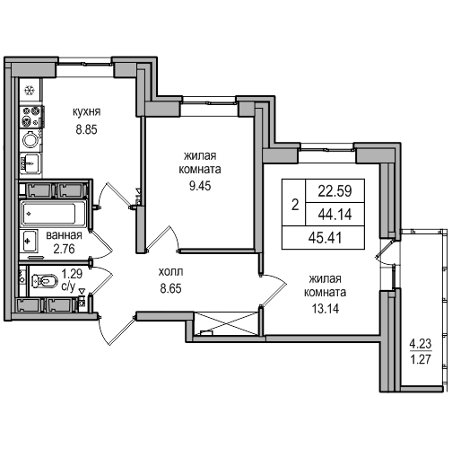 2-комнатная 45.6 м²