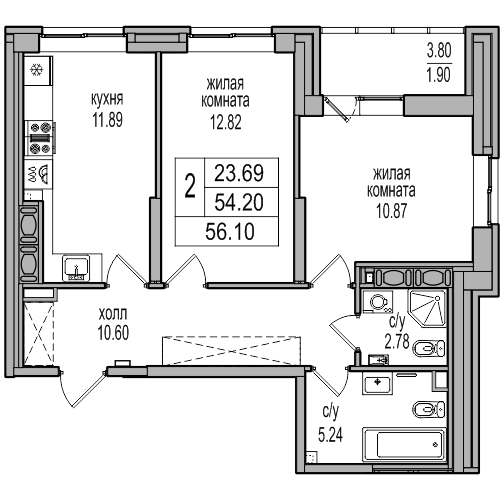 2-комнатная 55.4 м²