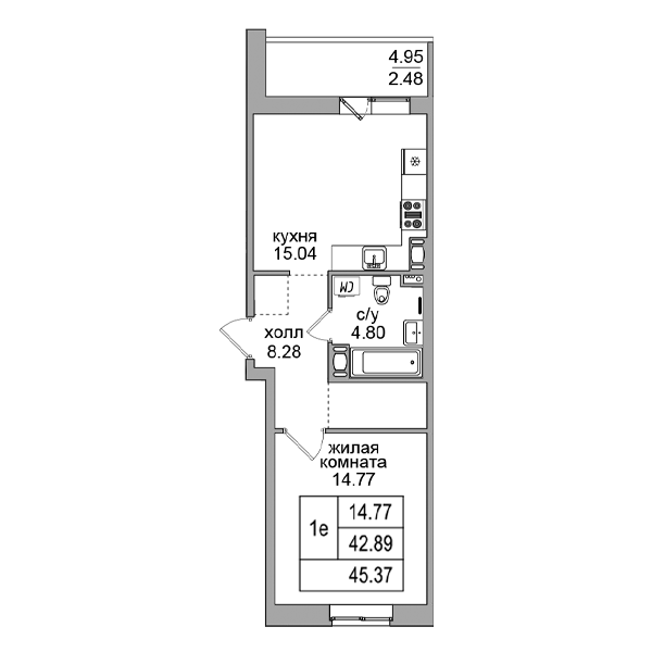 2-к. евро 45.37 м²